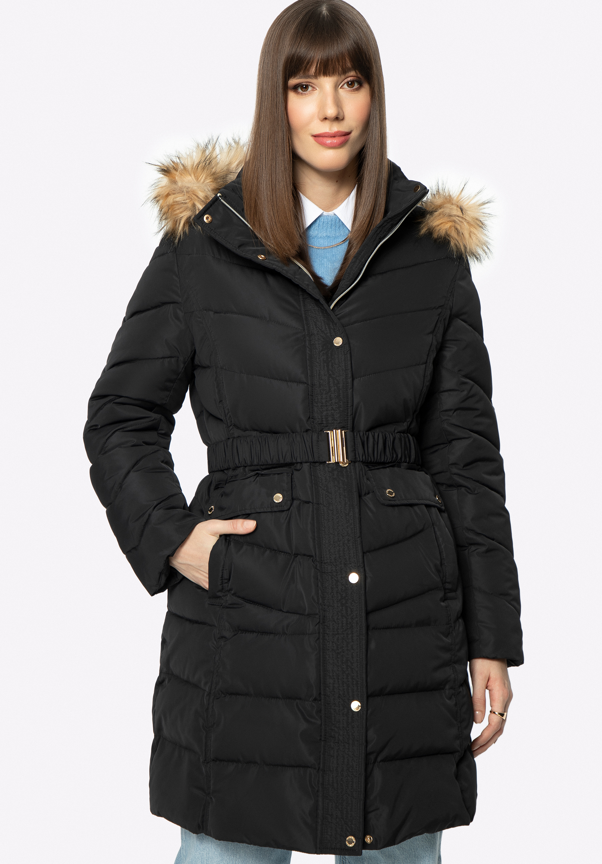 Geacă matlasată de damă cu centură, negru, 97-9D-900-1-2XL, Fotografie 1