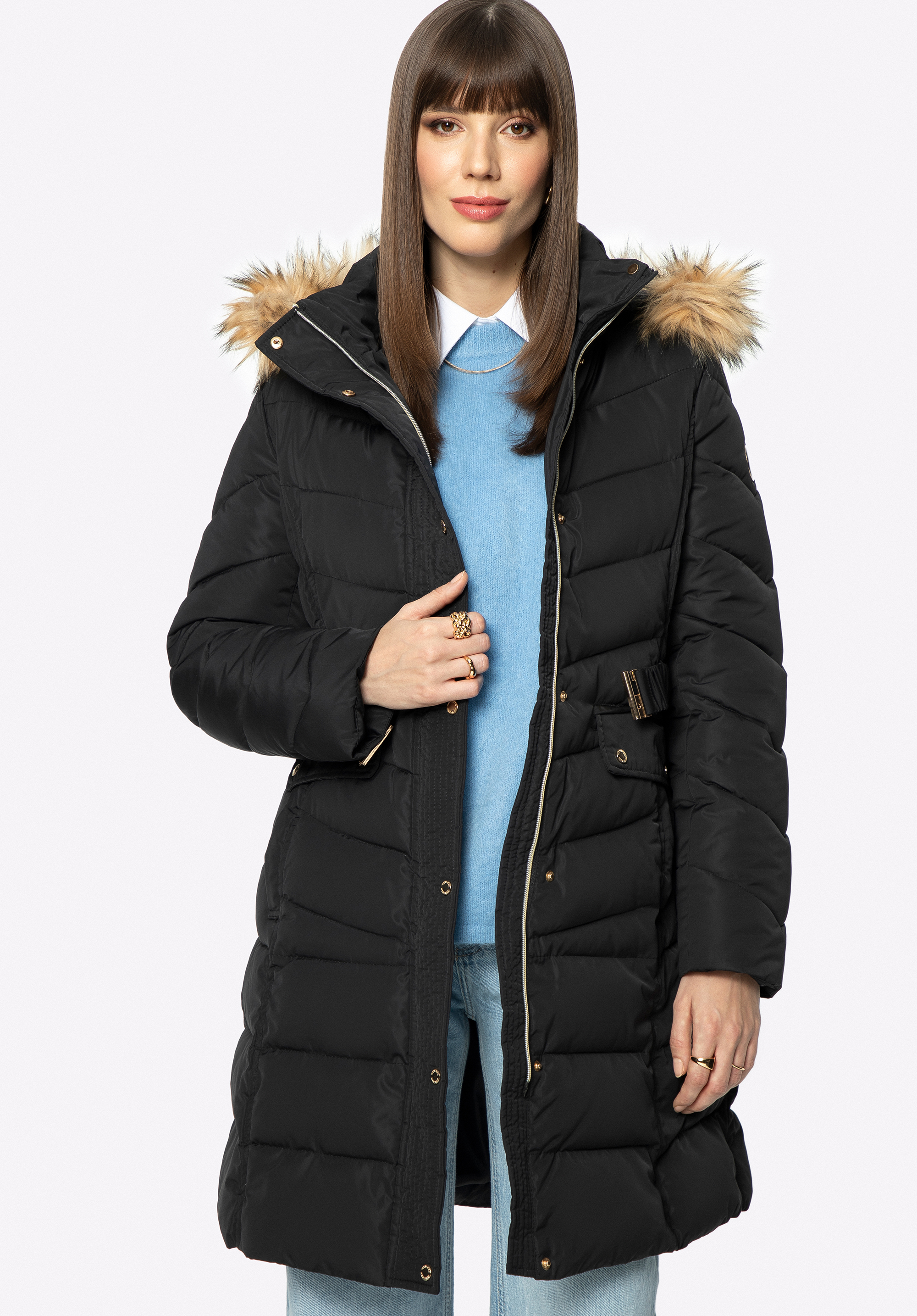Geacă matlasată de damă cu centură, negru, 97-9D-900-1-2XL, Fotografie 1
