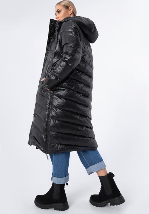 Palton maxi de damă cu glugă, negru, 97-9D-406-Z-L, Fotografie 3