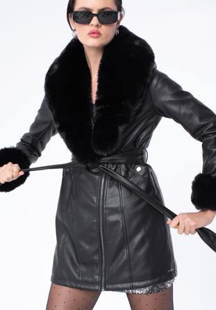 Palton pentru femei din piele ecologică cu inserții de blană artificială, negru, 97-9P-108-1-M, Fotografie 1