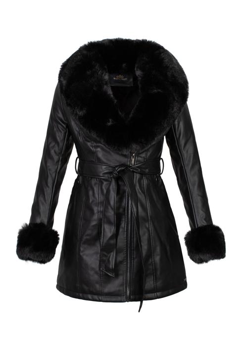 Palton pentru femei din piele ecologică cu inserții de blană artificială, negru, 97-9P-108-1-L, Fotografie 30