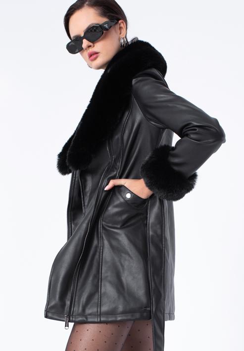 Palton pentru femei din piele ecologică cu inserții de blană artificială, negru, 97-9P-108-1-L, Fotografie 5