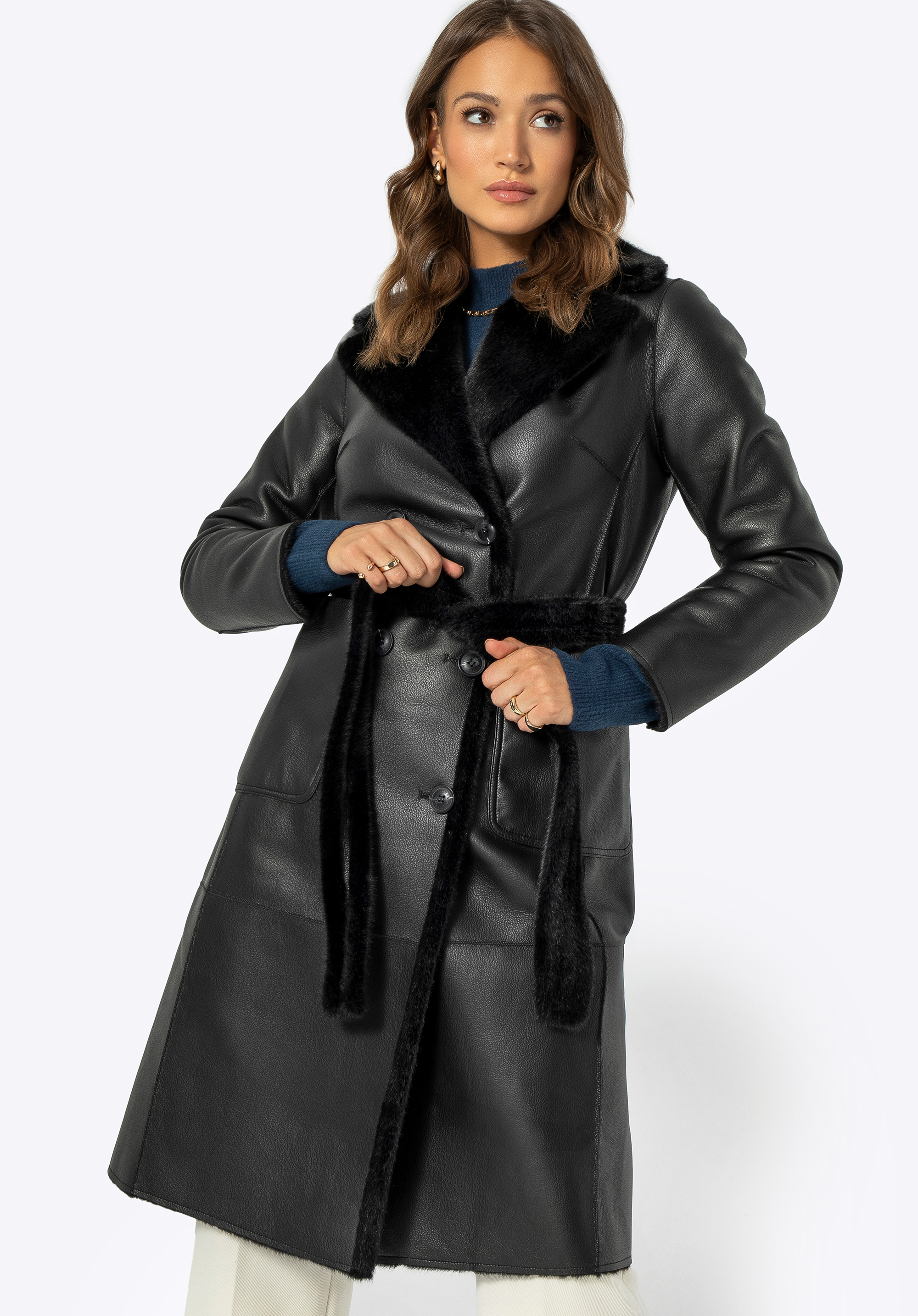 Palton reversibil cu curea de damă, negru, 99-9W-000-1-S, Fotografie 1