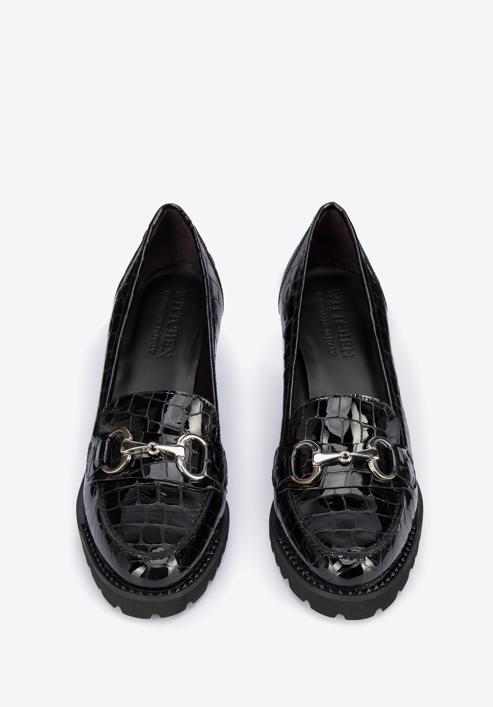 Pantofi damă cu toc lat din piele lăcuite pe platformă, negru, 95-D-100-1-38, Fotografie 3