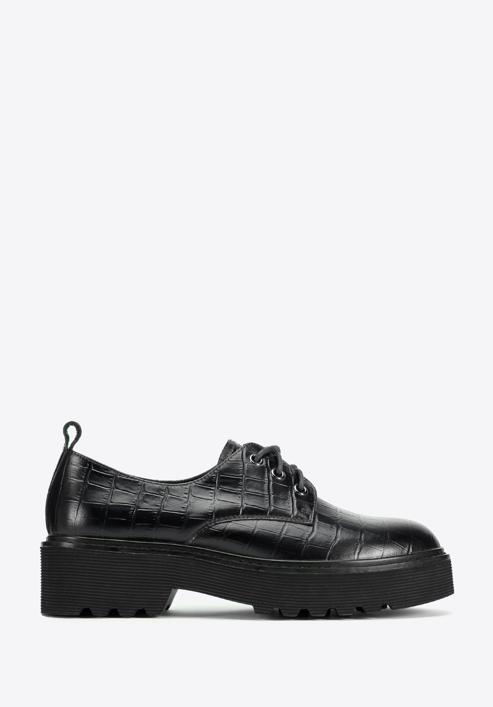 Pantofi de damă cu platformă din piele croco, negru, 95-D-522-3-39, Fotografie 1