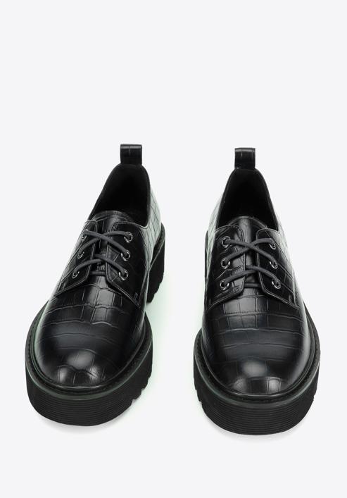 Pantofi de damă cu platformă din piele croco, negru, 95-D-522-1-36, Fotografie 2