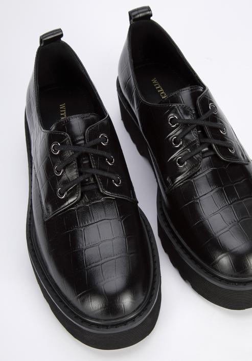 Pantofi de damă cu platformă din piele croco, negru, 95-D-522-N-35, Fotografie 7