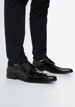 Pantofi derby pentru bărbați din piele întoarsă cu textură croco, negru, 96-M-519-1C-39, Fotografie 1