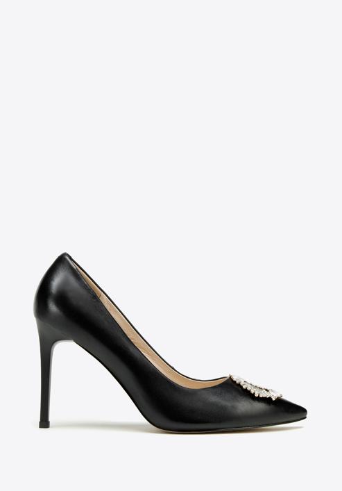 Pantofi din piele cu toc stiletto cu detaliu de cataramă strălucitor, negru, 97-D-517-5-36, Fotografie 1