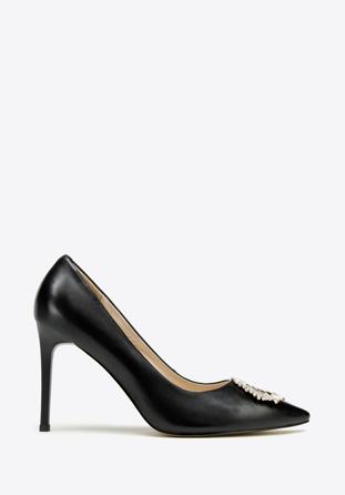 Pantofi din piele cu toc stiletto cu detaliu de cataramă strălucitor, negru, 97-D-517-1-36, Fotografie 1