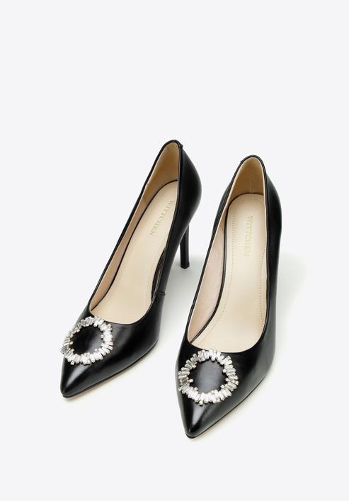 Pantofi din piele cu toc stiletto cu detaliu de cataramă strălucitor, negru, 97-D-517-5-37, Fotografie 2