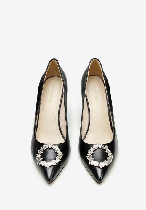 Pantofi din piele cu toc stiletto cu detaliu de cataramă strălucitor, negru, 97-D-517-5-36, Fotografie 3
