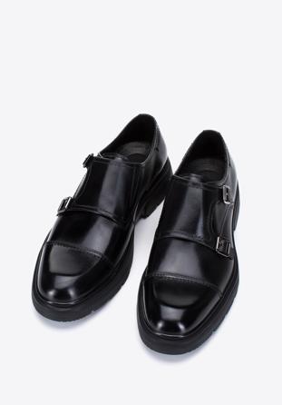 Pantofi dublu călugăr din piele pentru bărbați, negru, 97-M-510-1-44, Fotografie 1