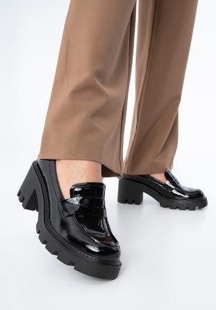 Pantofi loafer cu platformă din piele lăcuită, negru, 97-D-504-1L-37, Fotografie 1