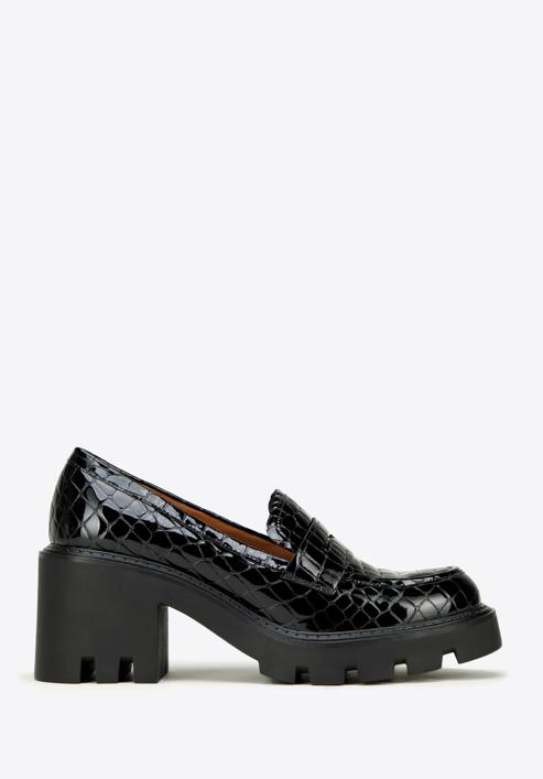 Pantofi loafer cu platformă din piele lăcuită croco, negru, 97-D-504-1C-38, Fotografie 1