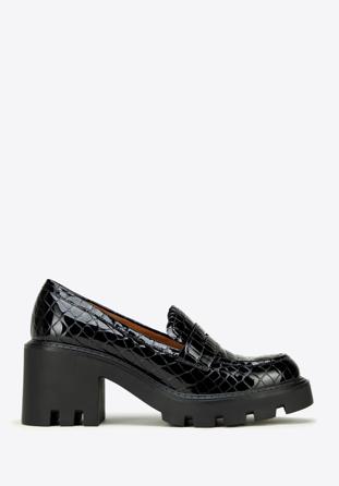 Pantofi loafer cu platformă din piele lăcuită croco, negru, 97-D-504-1C-39, Fotografie 1