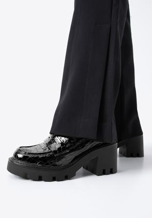 Pantofi loafer cu platformă din piele lăcuită croco, negru, 97-D-504-1C-40, Fotografie 1