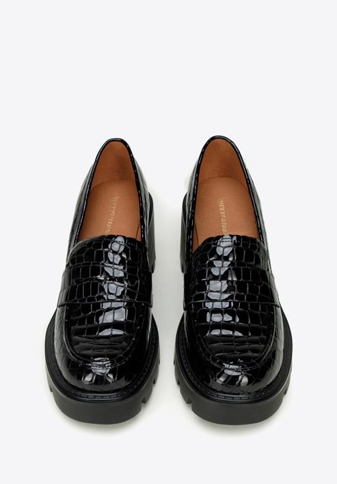 Pantofi loafer cu platformă din piele lăcuită croco, negru, 97-D-504-1C-40, Fotografie 3