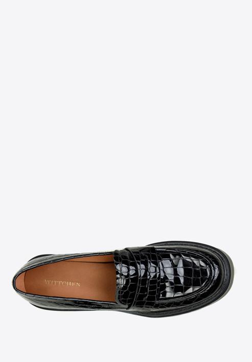 Pantofi loafer cu platformă din piele lăcuită croco, negru, 97-D-504-1C-38, Fotografie 5