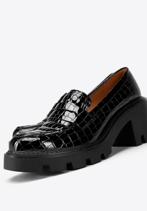 Pantofi loafer cu platformă din piele lăcuită croco, negru, 97-D-504-1C-39, Fotografie 8