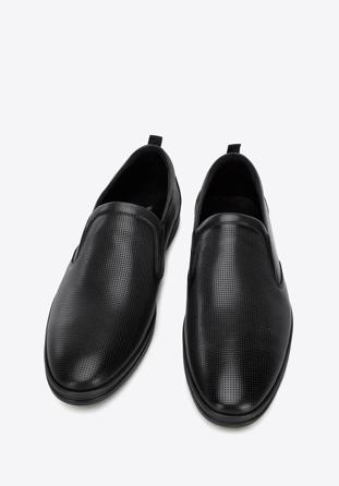Pantofi pentru bărbați din piele perforată cu benzi elastice, negru, 96-M-515-1-40, Fotografie 1