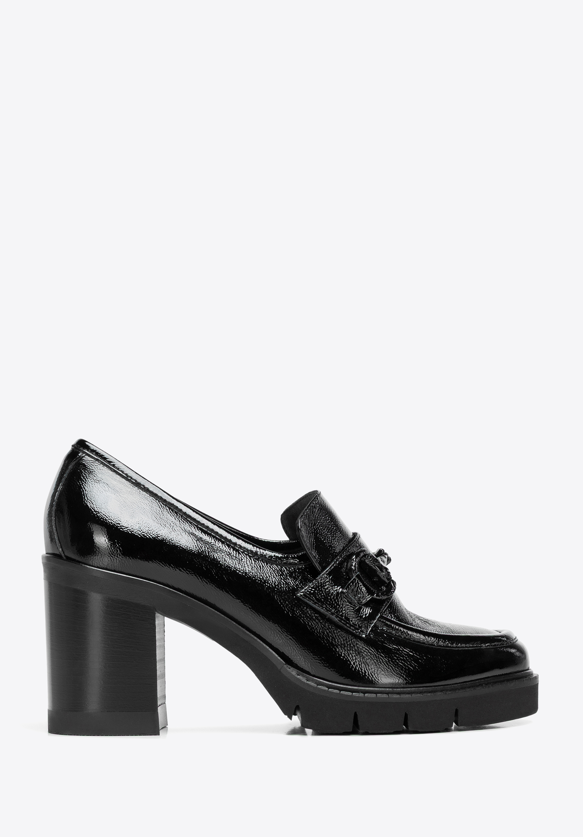 Pantofi sport damă din piele lăcuită cu toc bloc, negru, 101-D-106-1-40, Fotografie 1