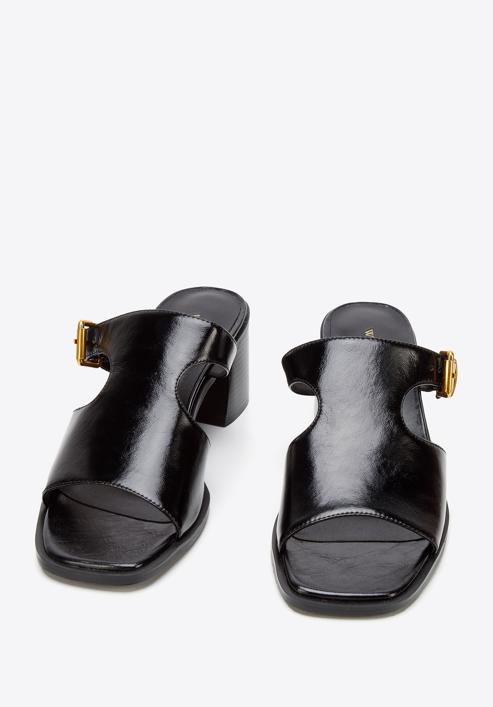 Papuci din piele cu toc și cu cataramă, negru, 94-D-509-1-39, Fotografie 2