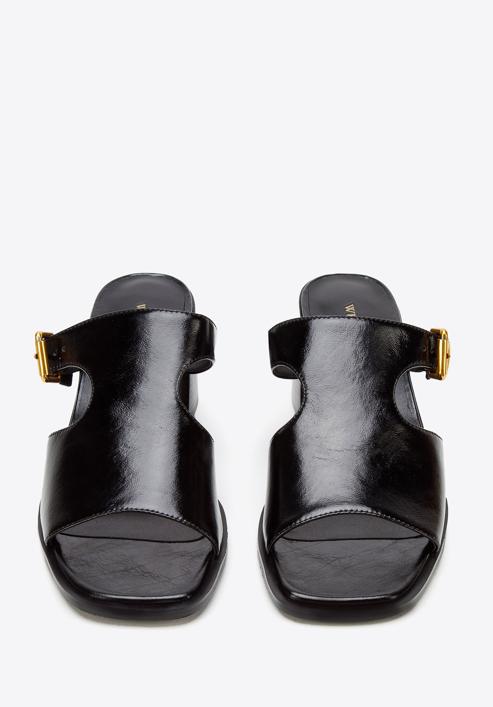 Papuci din piele cu toc și cu cataramă, negru, 94-D-509-1-39, Fotografie 3