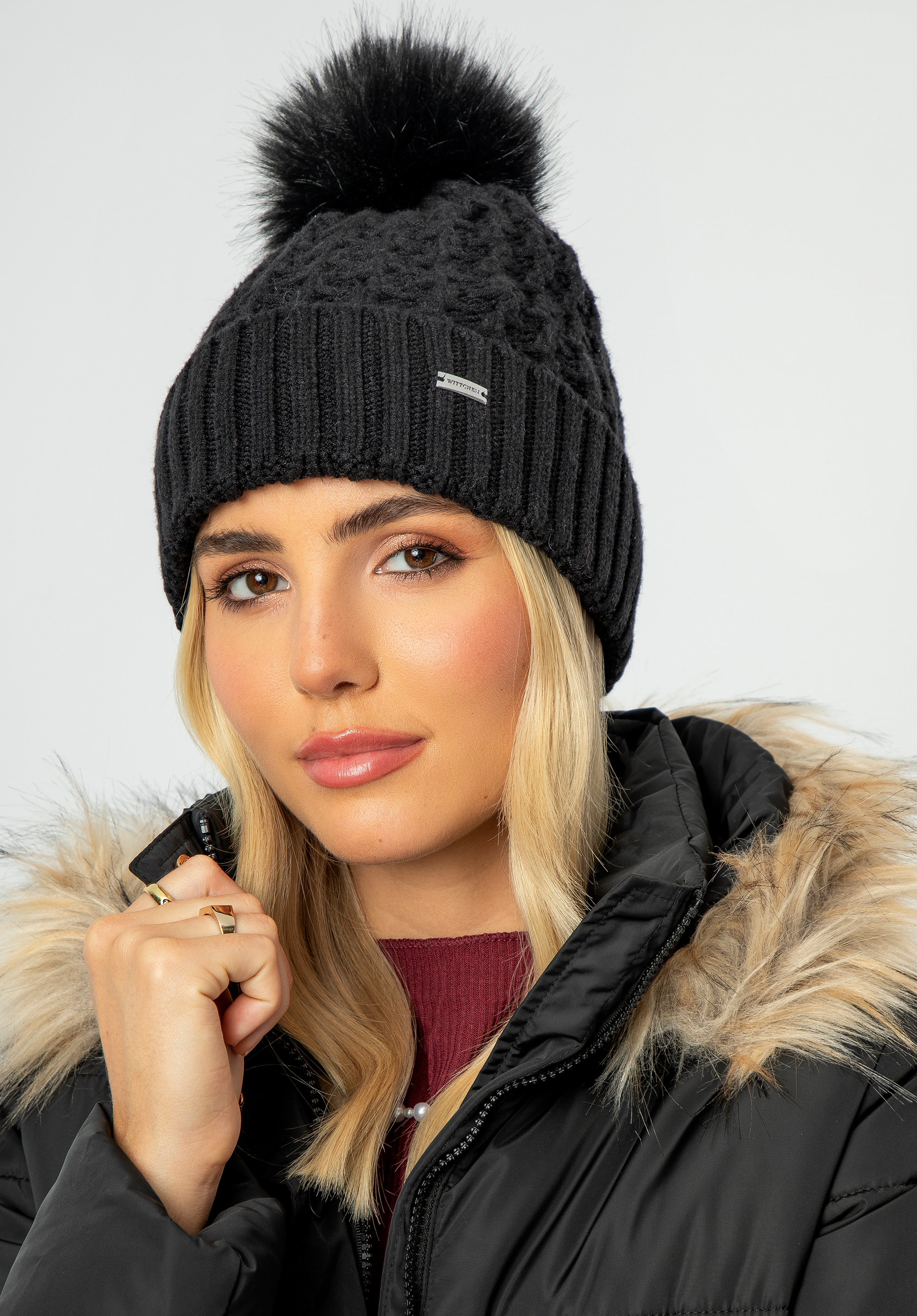 Căciulă tricotată de iarnă pentru femei cu pom pom, negru, 97-HF-105-1, Fotografie 1