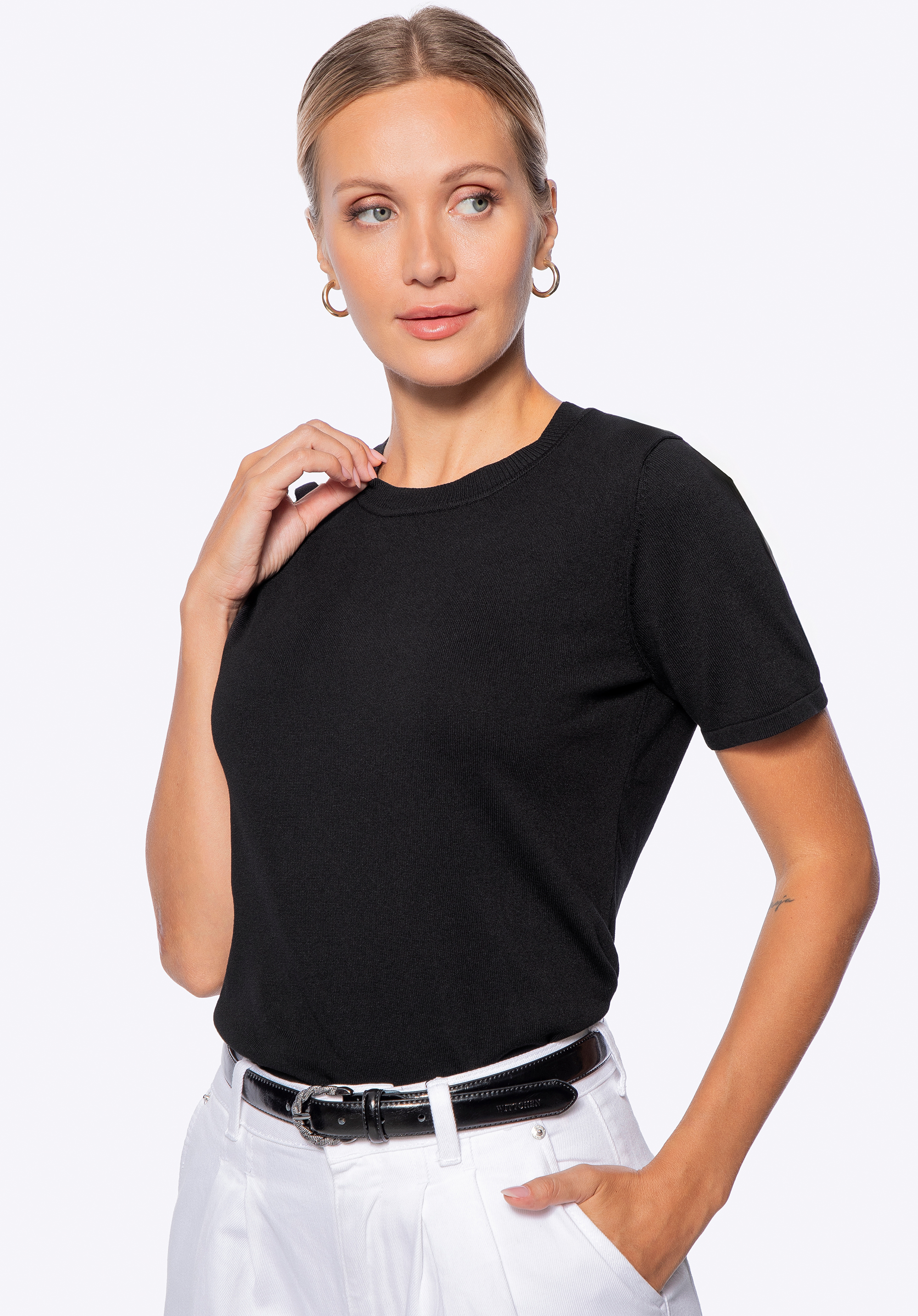 Pulover cu mânecă scurtă pentru femei, confecționat din viscoză și nailon, negru, 29-99-004-1-S, Fotografie 1