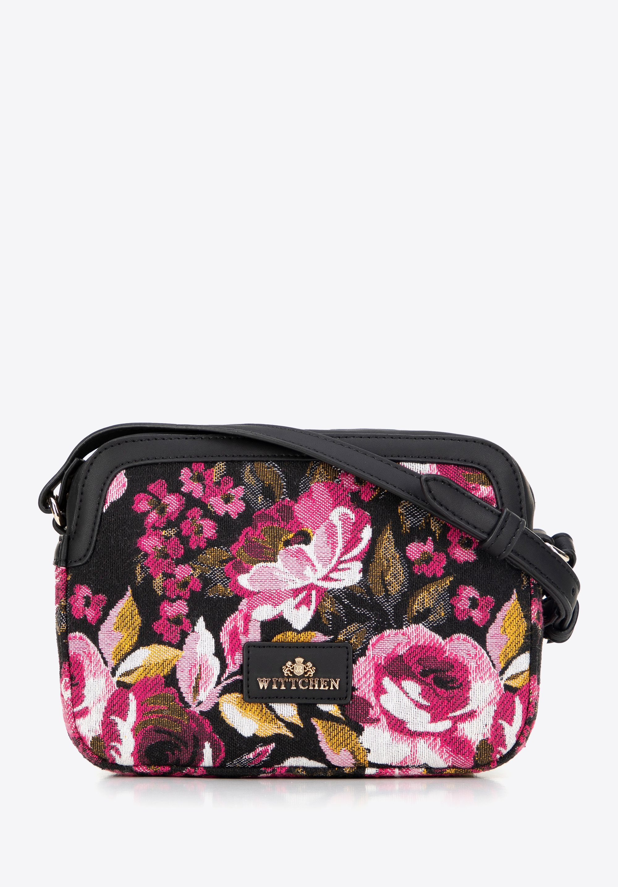 Geantă de mână pentru femei din jacquard și piele ecologică, negru - roz, 99-4E-503-11, Fotografie 1