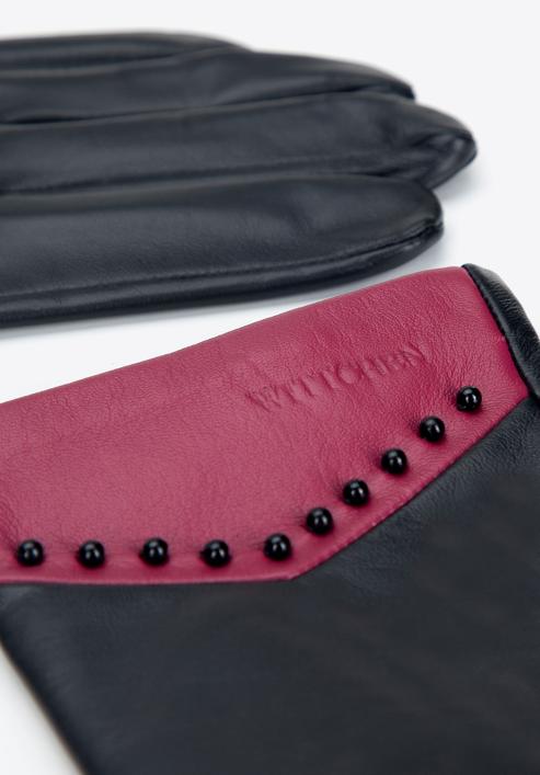 Mănuși de damă din piele cu mărgele, negru - roz, 45-6A-002-1-L, Fotografie 4