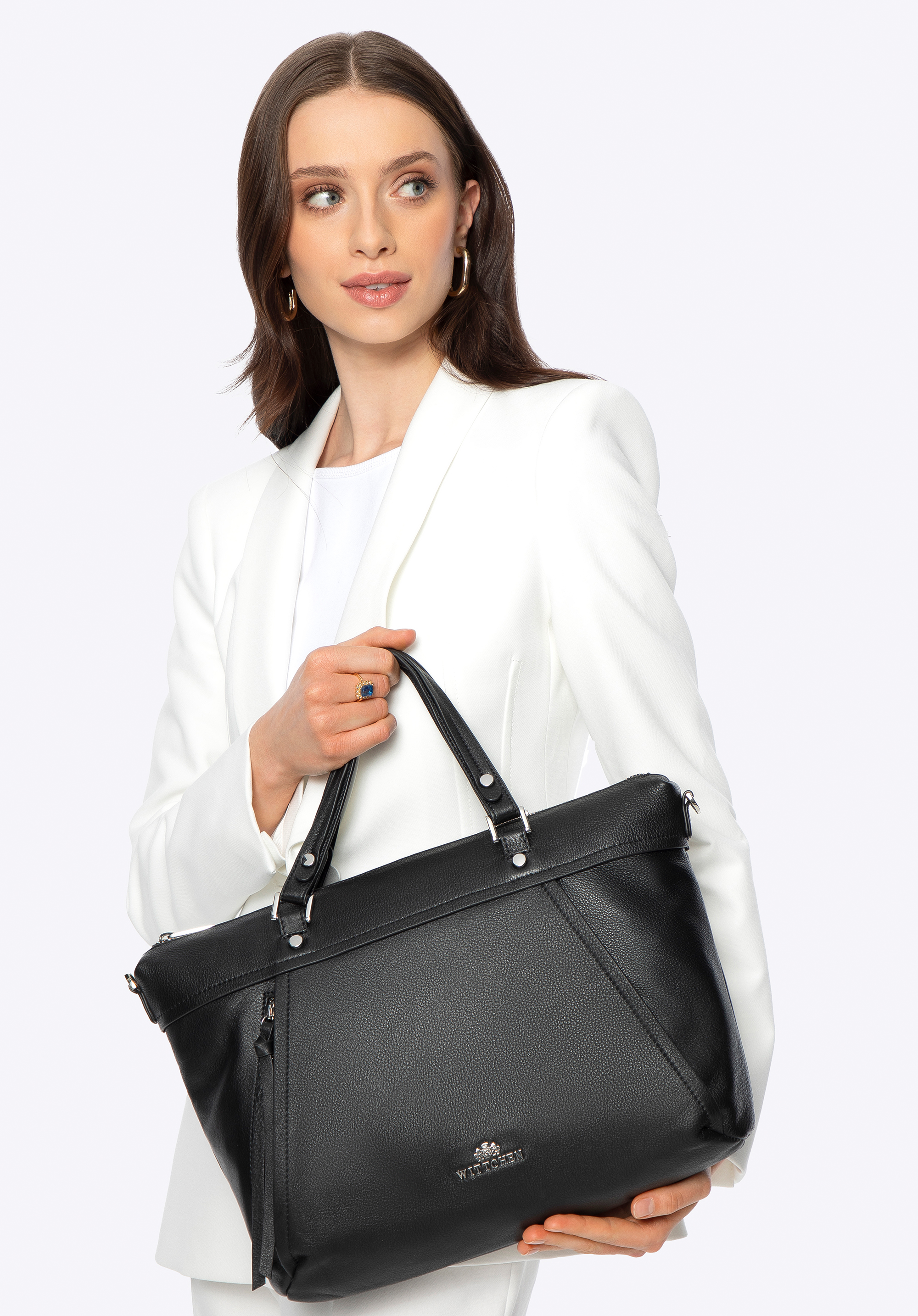 Geantă shopper din piele cu detalii funcționale și finisaj elegant, negru, 100-4E-802-1, Fotografie 1