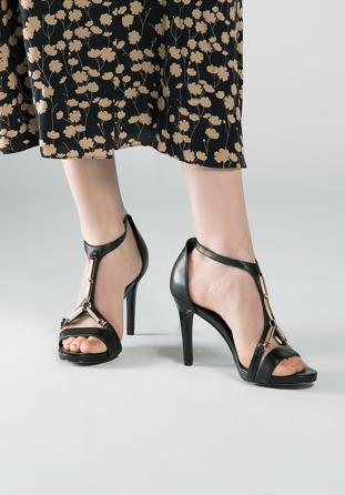 Sandale din piele pentru femei pe toc cu decor auriu, negru, 90-D-908-1-40, Fotografie 1