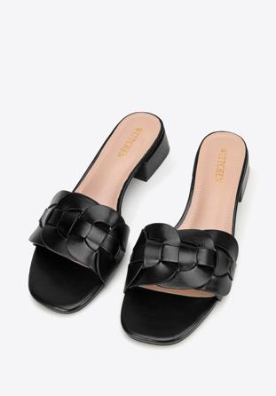 Sandale împletite cu toc mic, negru, 98-DP-201-1-35, Fotografie 1