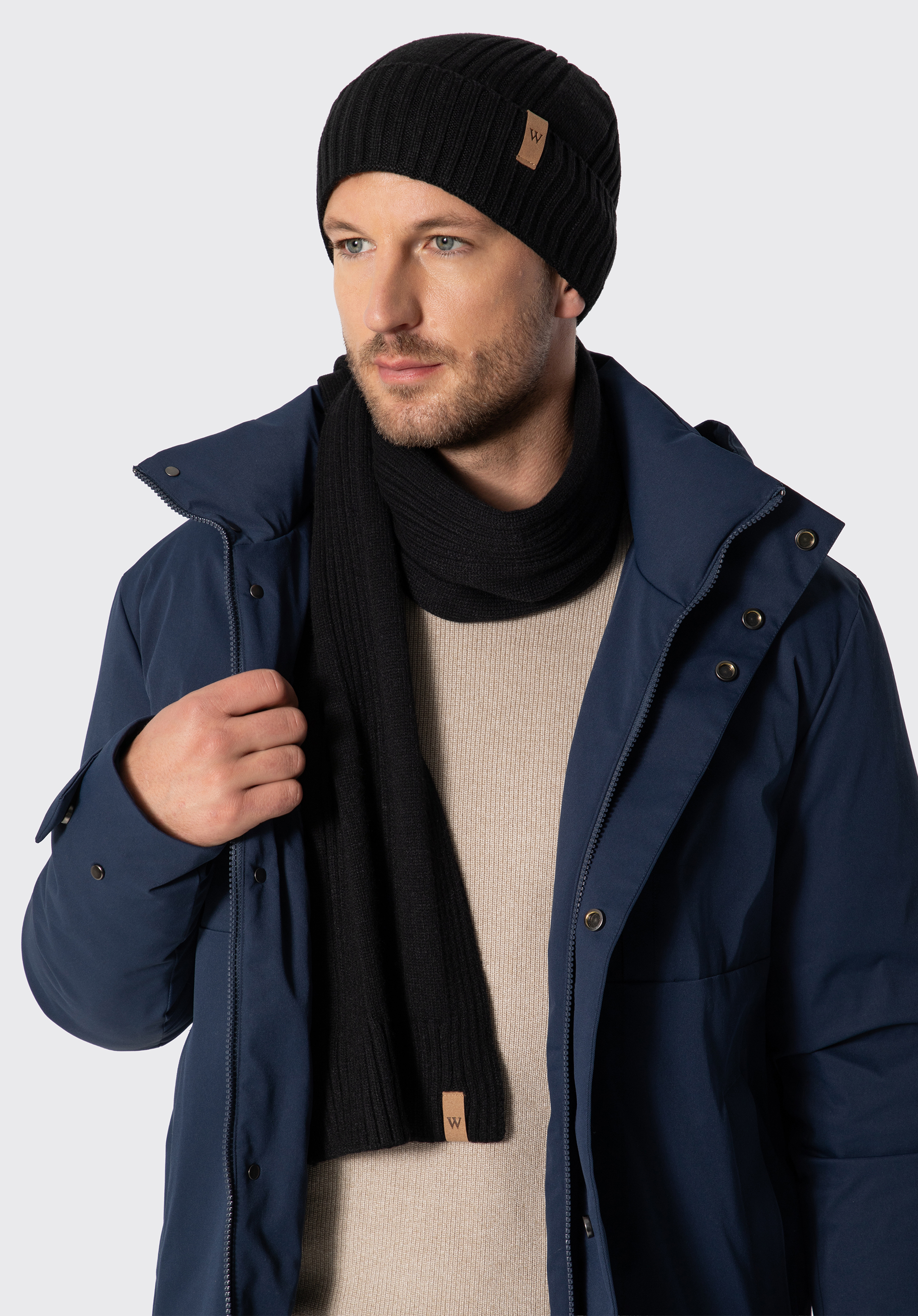 Set căciulă și eșarfă bărbătești din tricot cu nervuri, negru, 103-SF-101-1, Fotografie 1