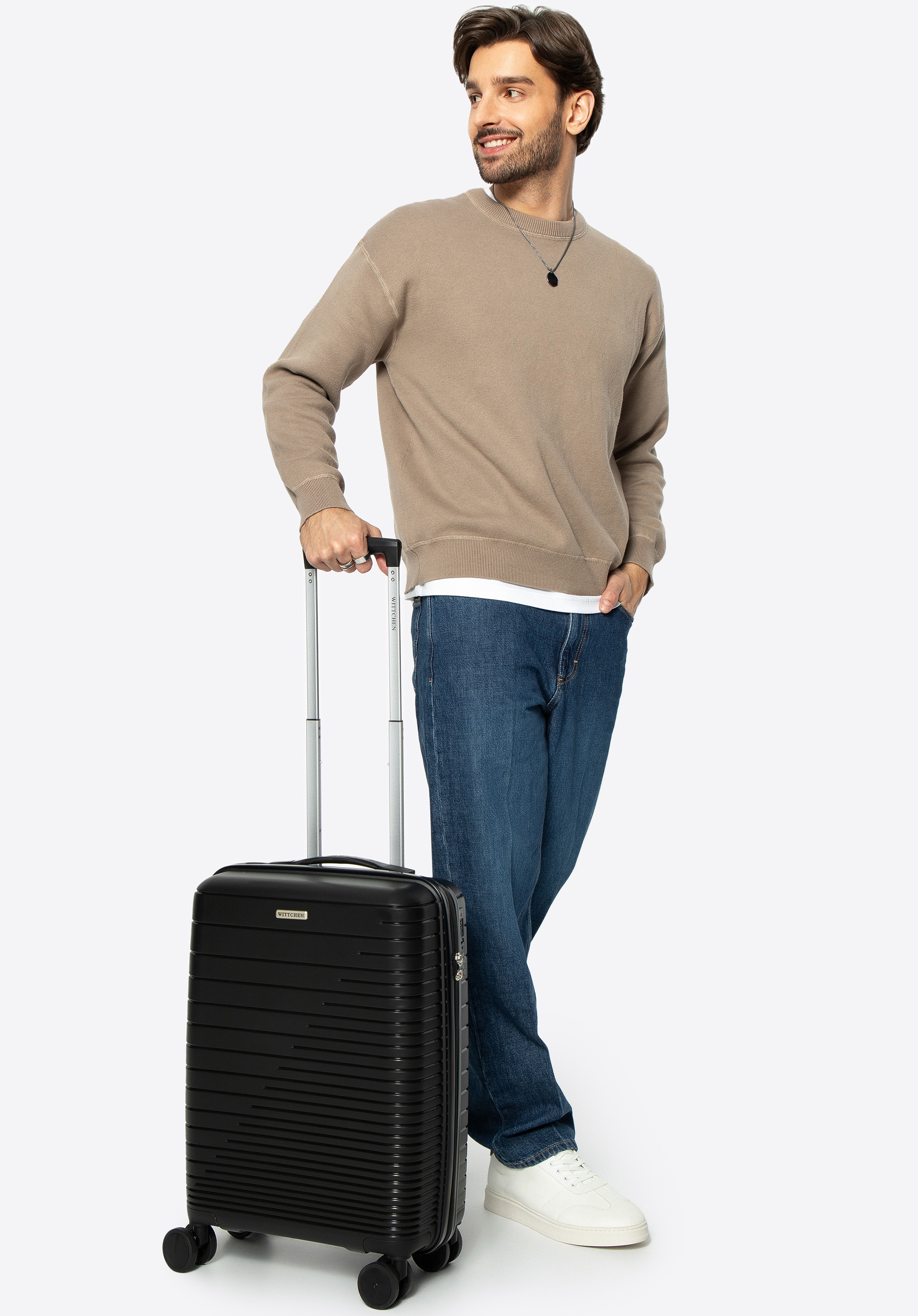 Valiză de cabină din polipropilenă cu dungi strălucitoare, negru, 56-3T-161-10, Fotografie 1