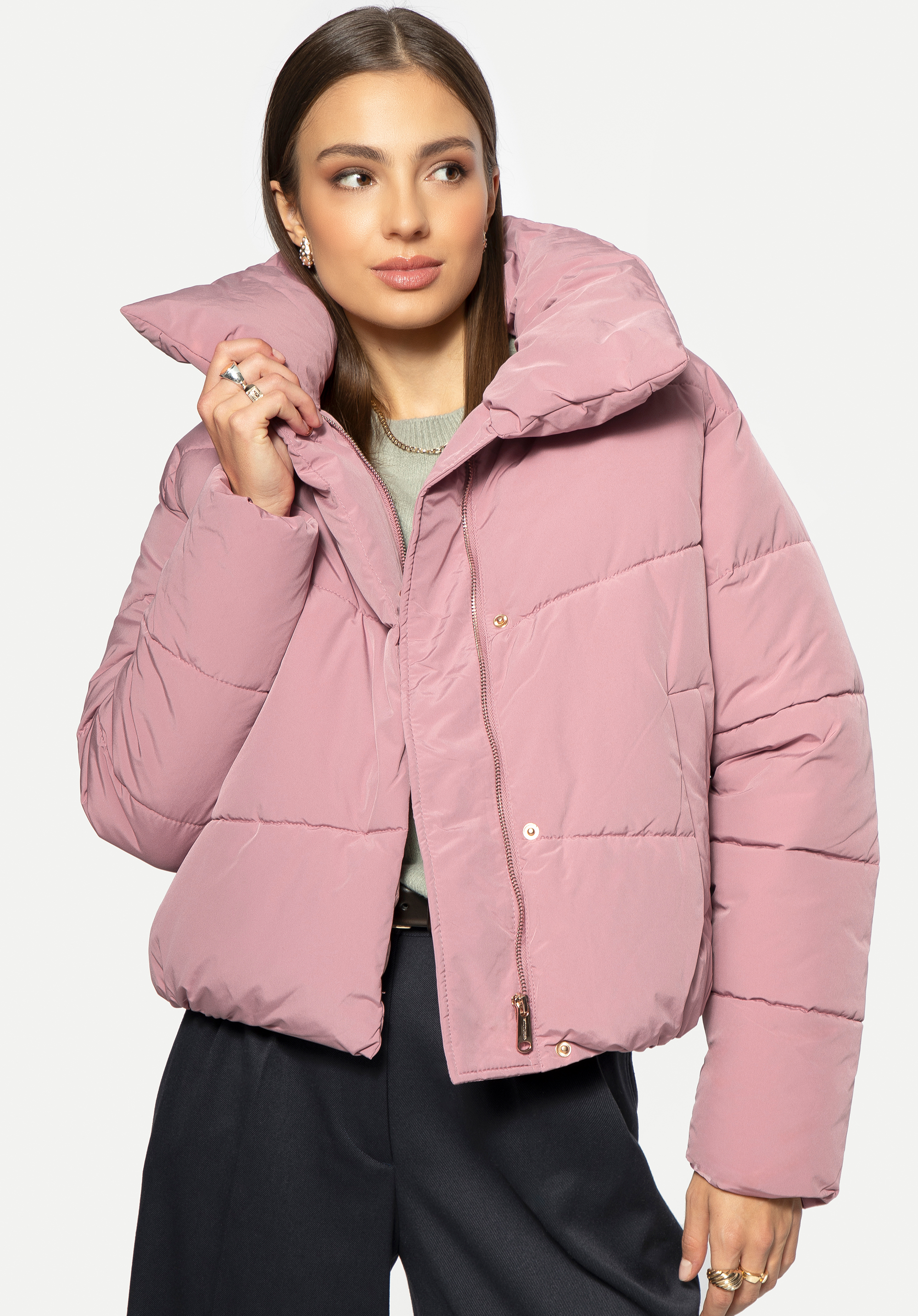 Női oversize steppelt kabát, néma rózsaszín, 95-9D-105-P-L, Fénykép 1