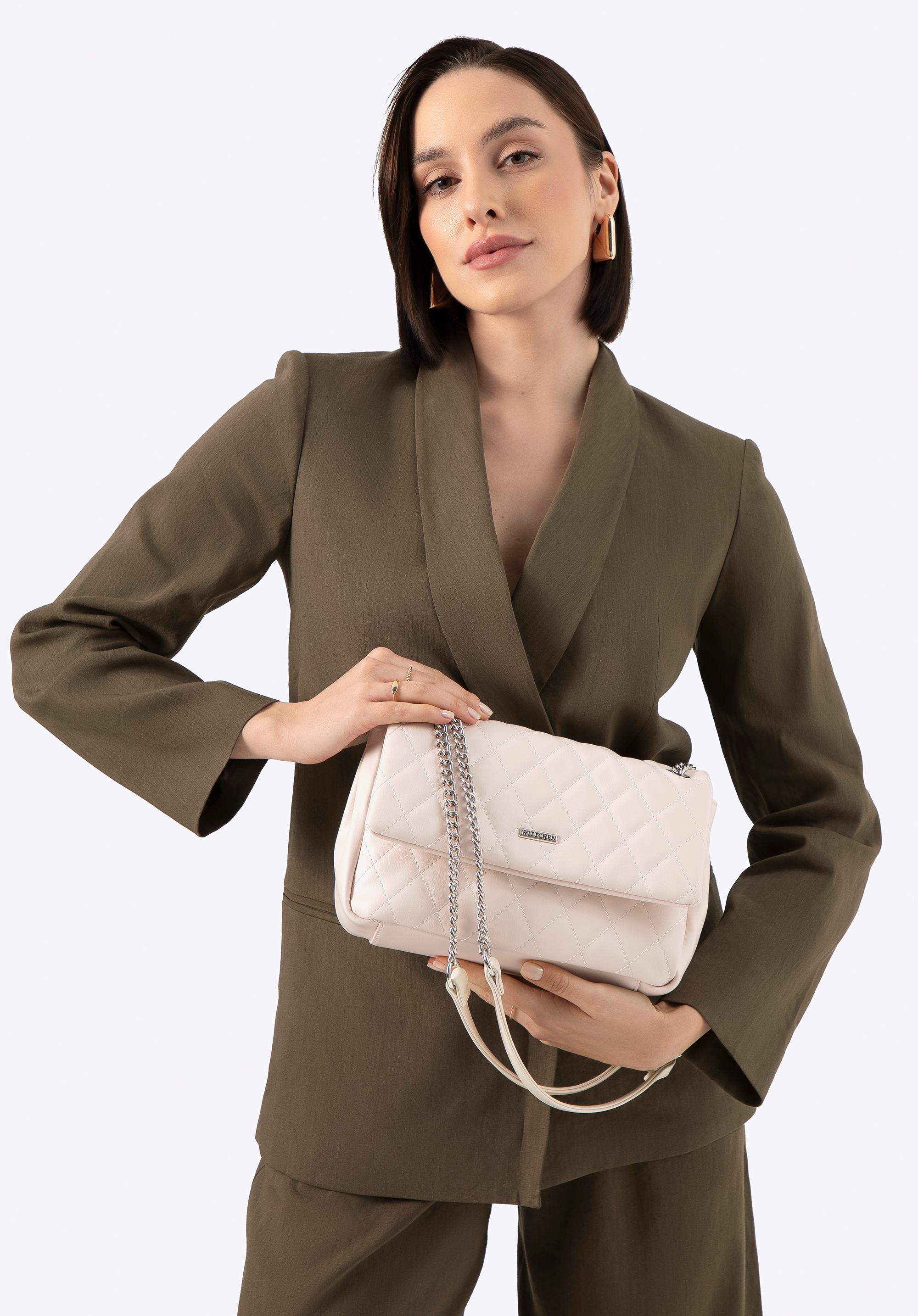 Geantă stilată din piele ecologică cu lanț elegant alb-murdar