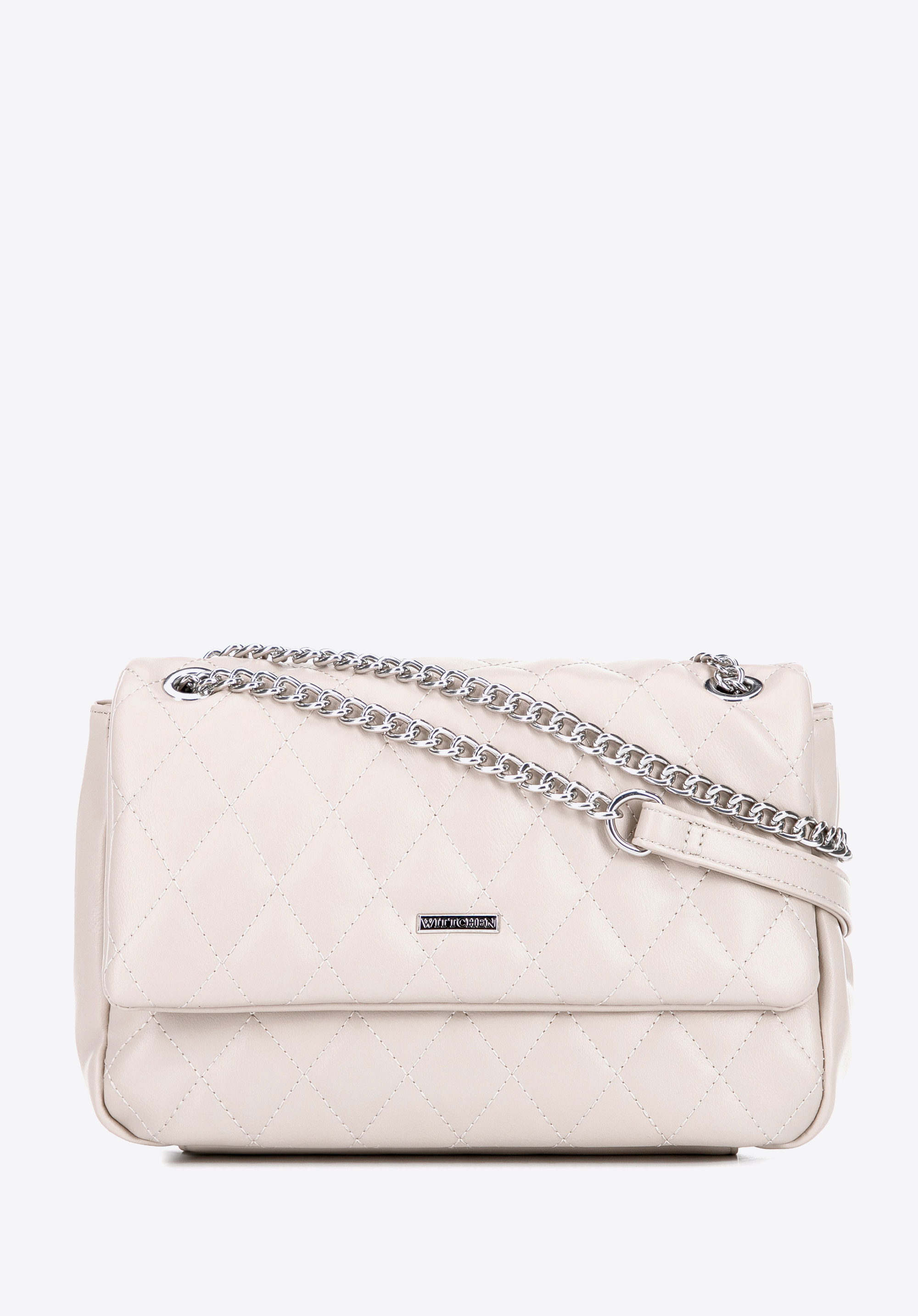 Geantă stilată din piele ecologică cu lanț elegant alb-murdar