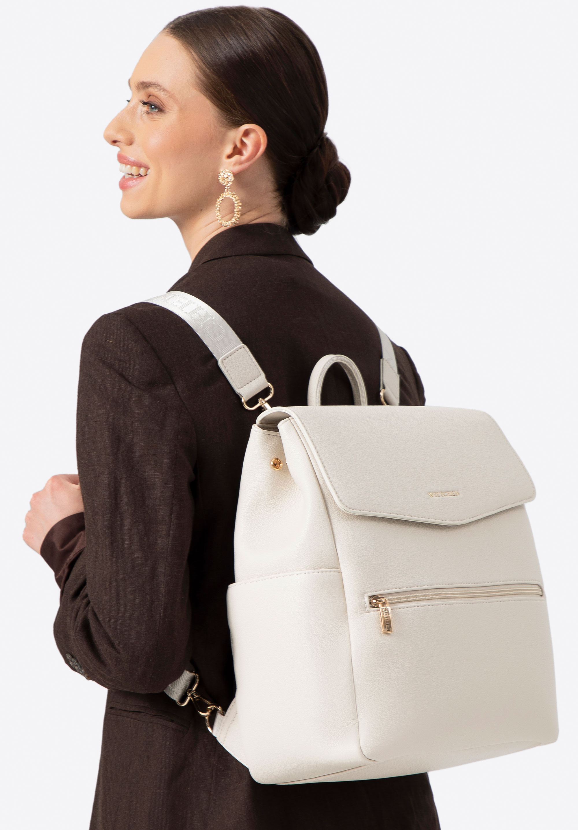 Rucsac de damă din piele artificială cu buzunar, nuanță de alb, 100-4Y-917-0, Fotografie 1