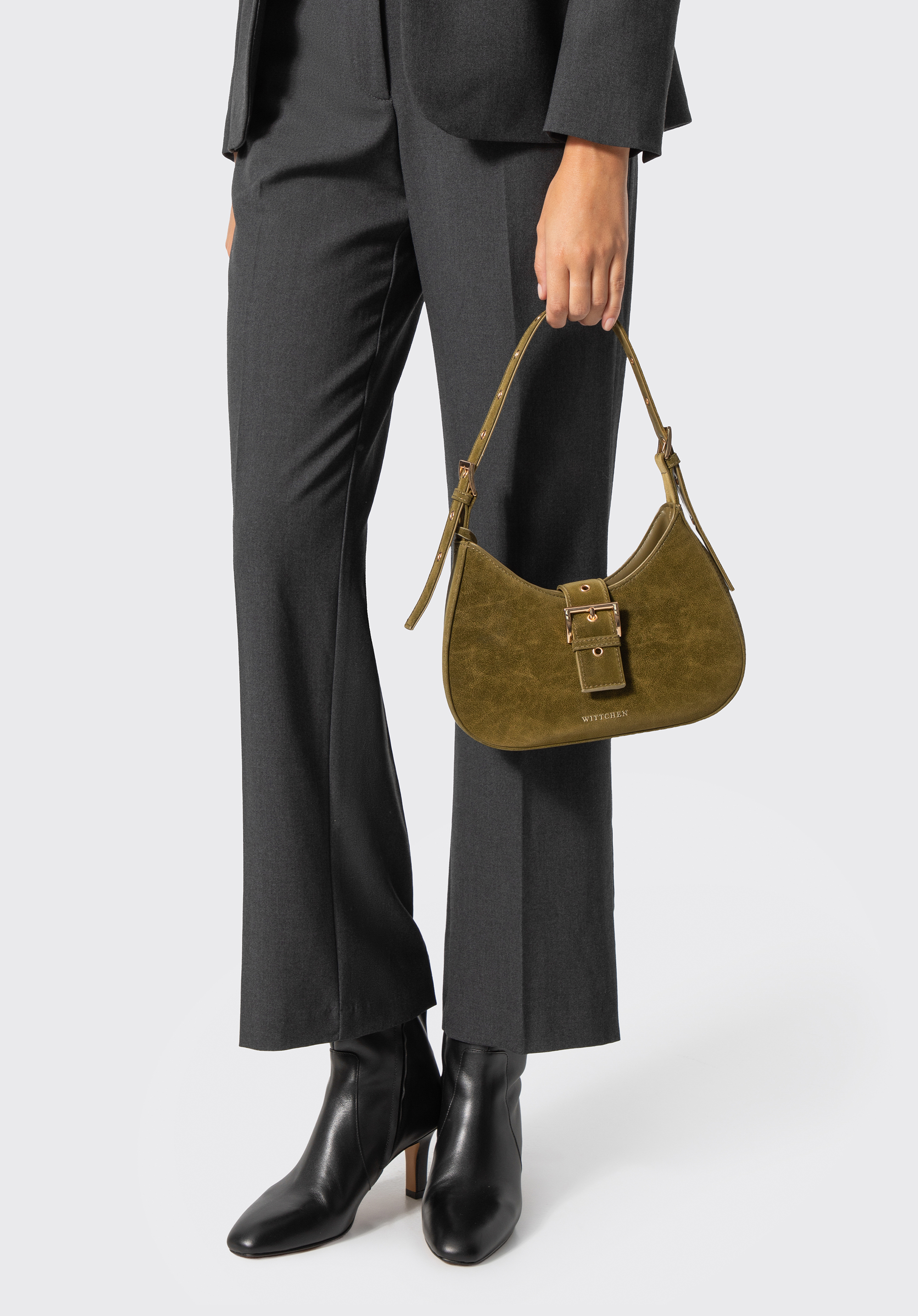 Damen-Baguette-Tasche mit dekorativer Schnalle, olivgrün, 103-4Y-506-Z, Bild 1