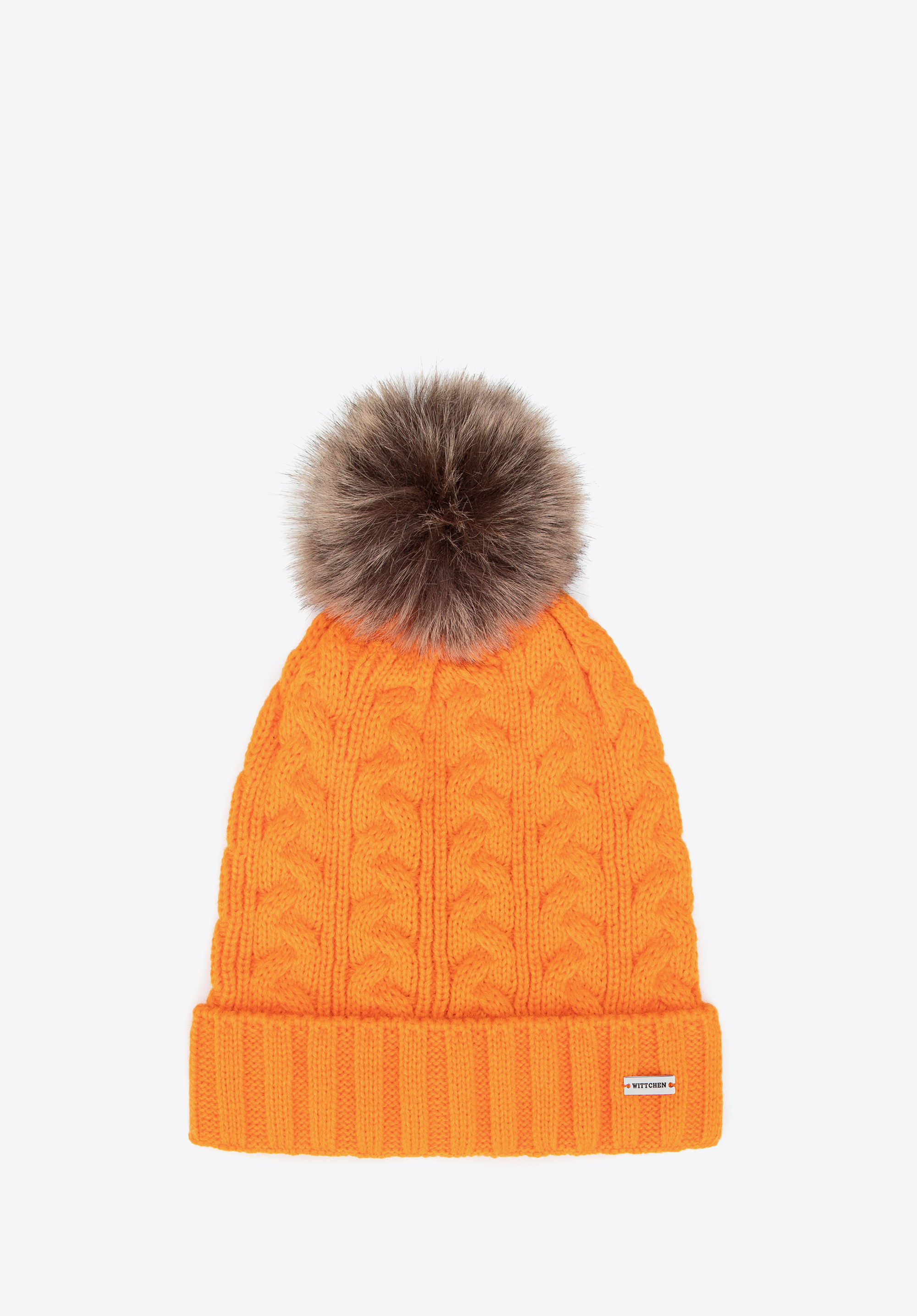 Damenmütze mit Zopfmuster und Bommel, orange, 101-HF-016-6, Bild 1