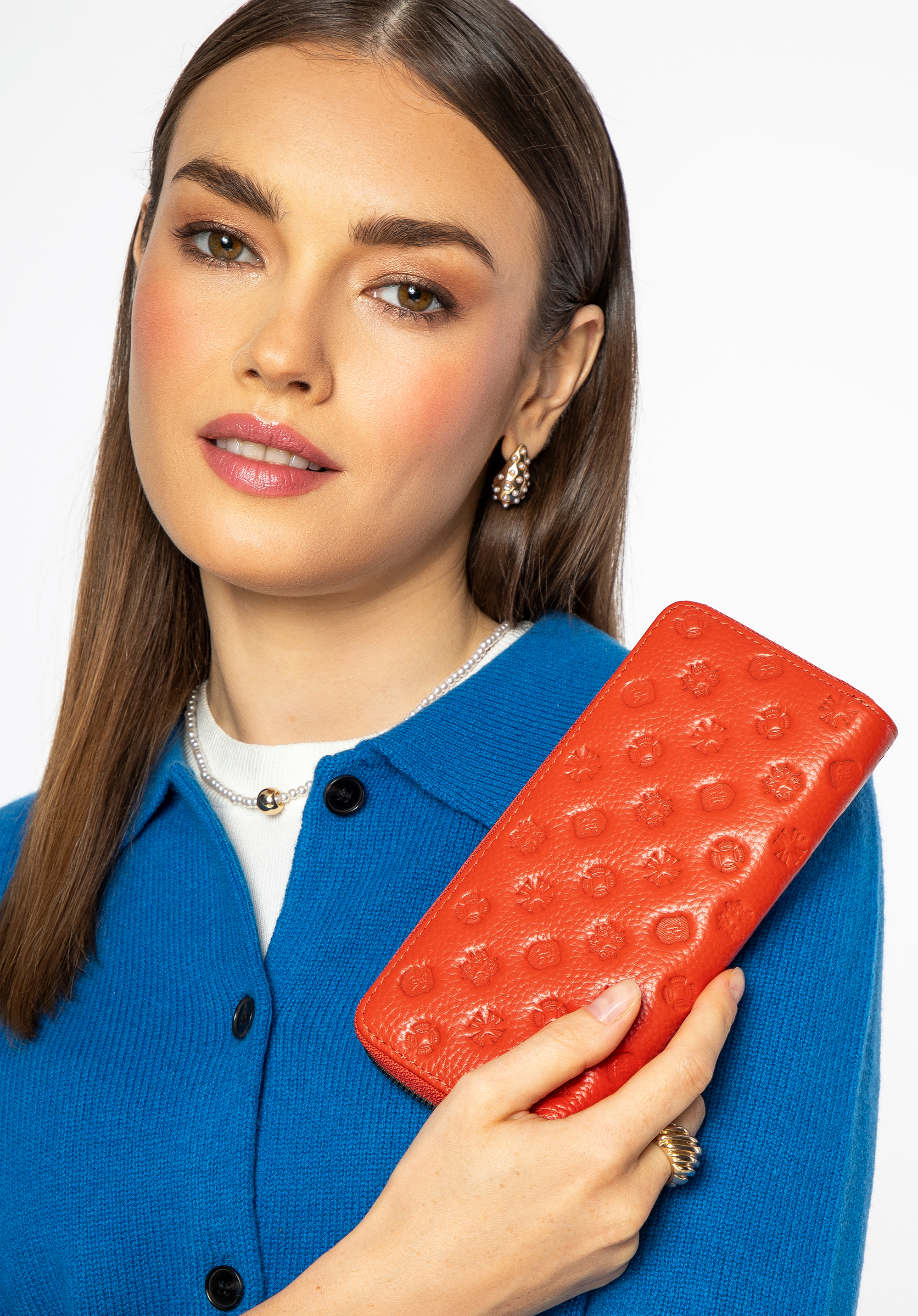 Großes Ledergeldbörse für Damen mit Prägung, orange, 99-1E-364-6, Bild 1