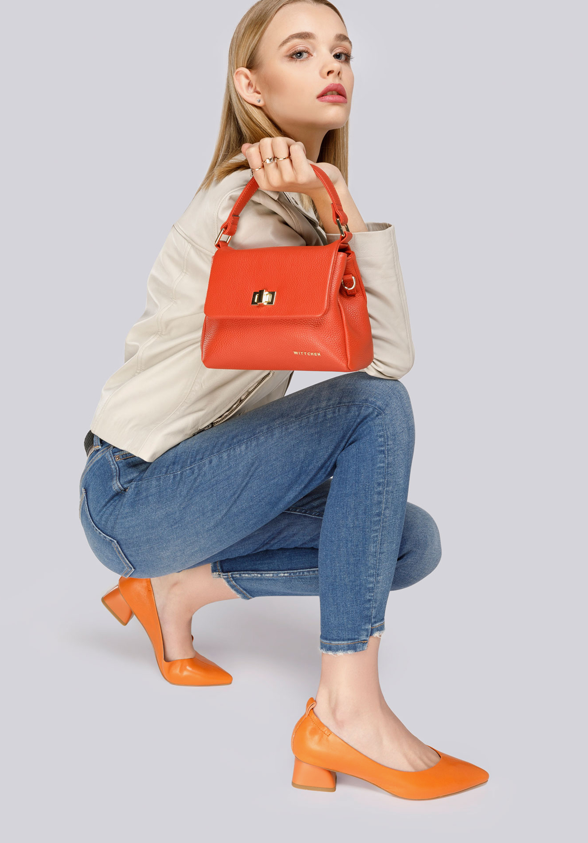 Pumps aus Leder mit Gummiband, orange, 94-D-502-6-39, Bild 1