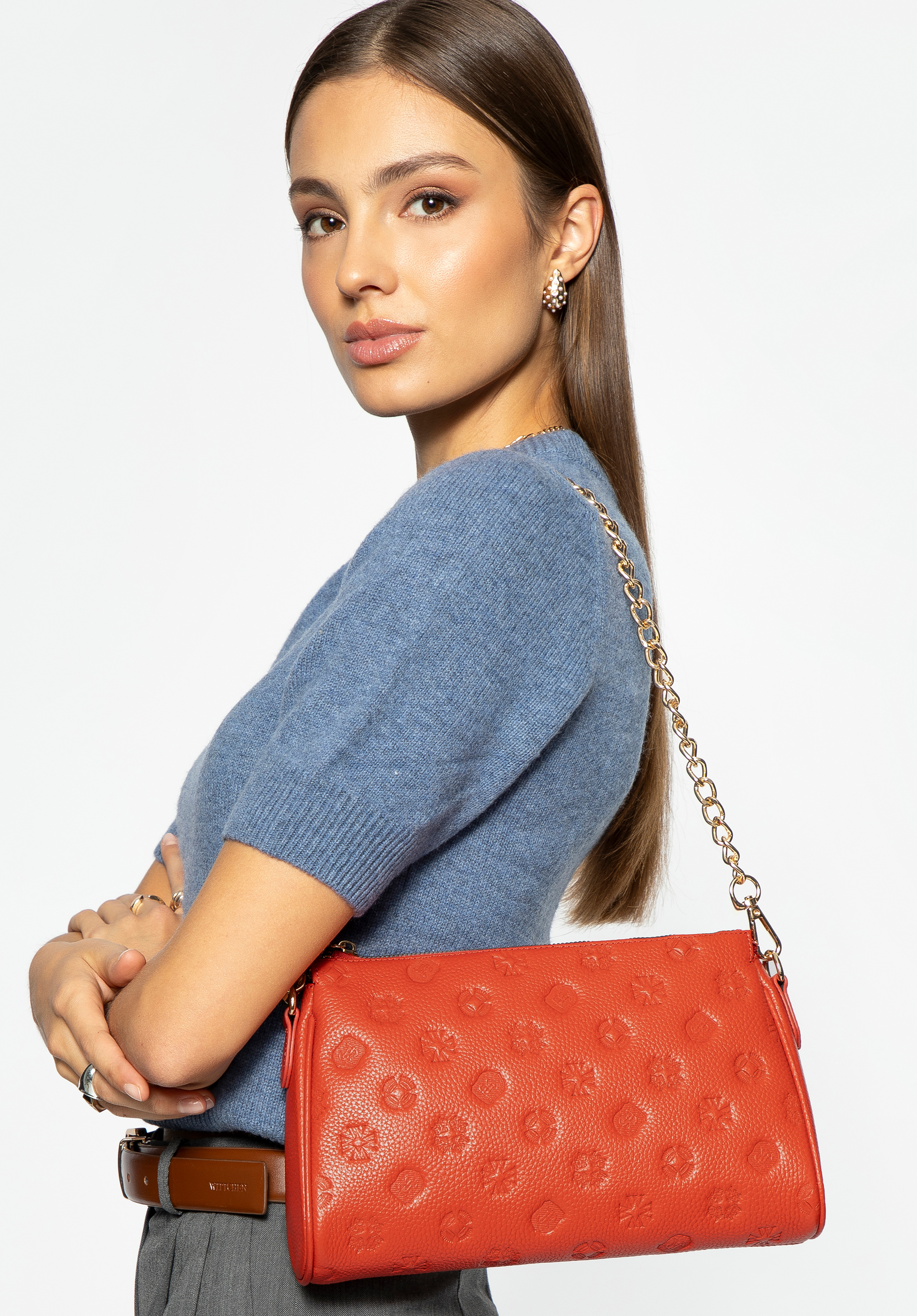 Crossbody kabelka z embosované kůže, oranžová, 99-4E-307-6, Obrázek 1