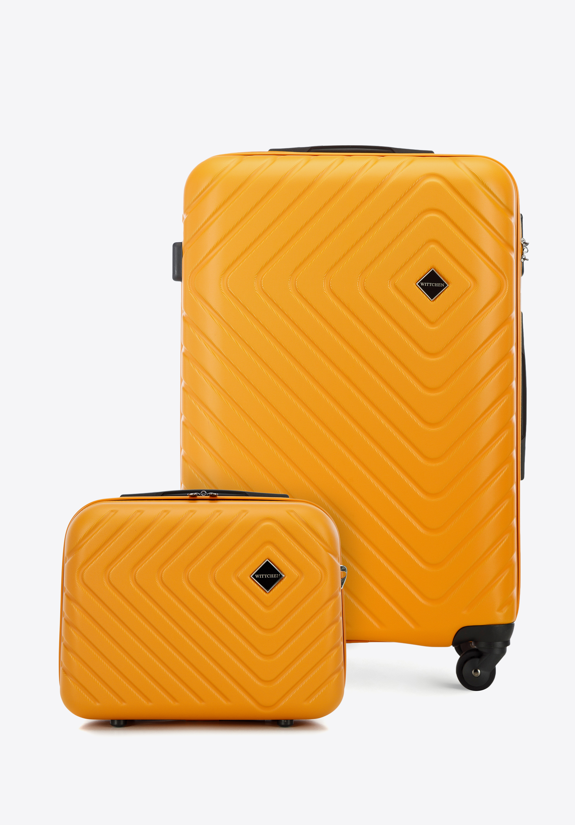 Stredne veľký kufor a kozmetická taštička z ABS s geometrickou razbou, oranžová, 56-3A-752-30K, Obrázok 1