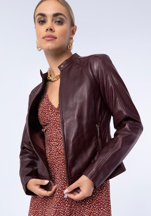 Klassische Damenjacke aus Leder mit Stehkragen, pflaumenlila, 97-09-804-1-L, Bild 16