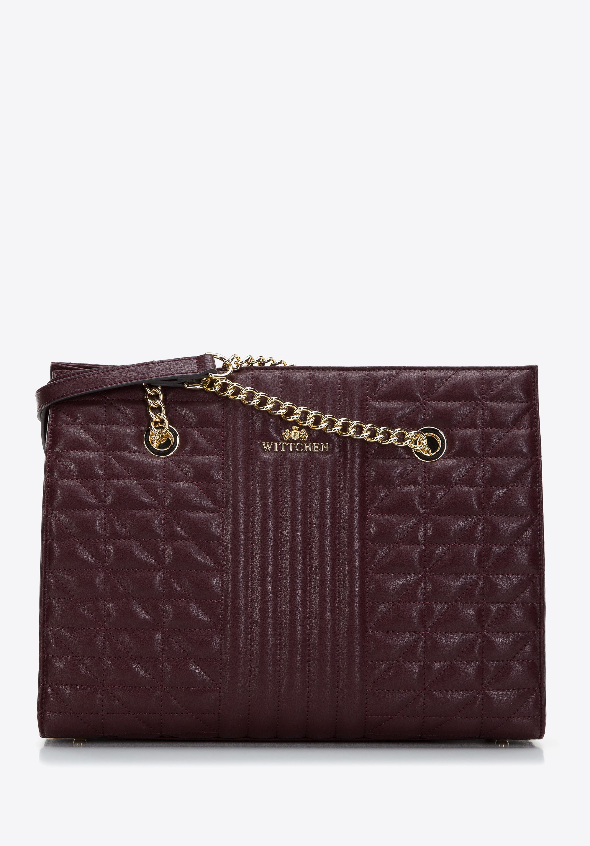 Shopper-Tasche aus gestepptem Leder an einer Kette, pflaumenlila, 97-4E-629-3, Bild 1