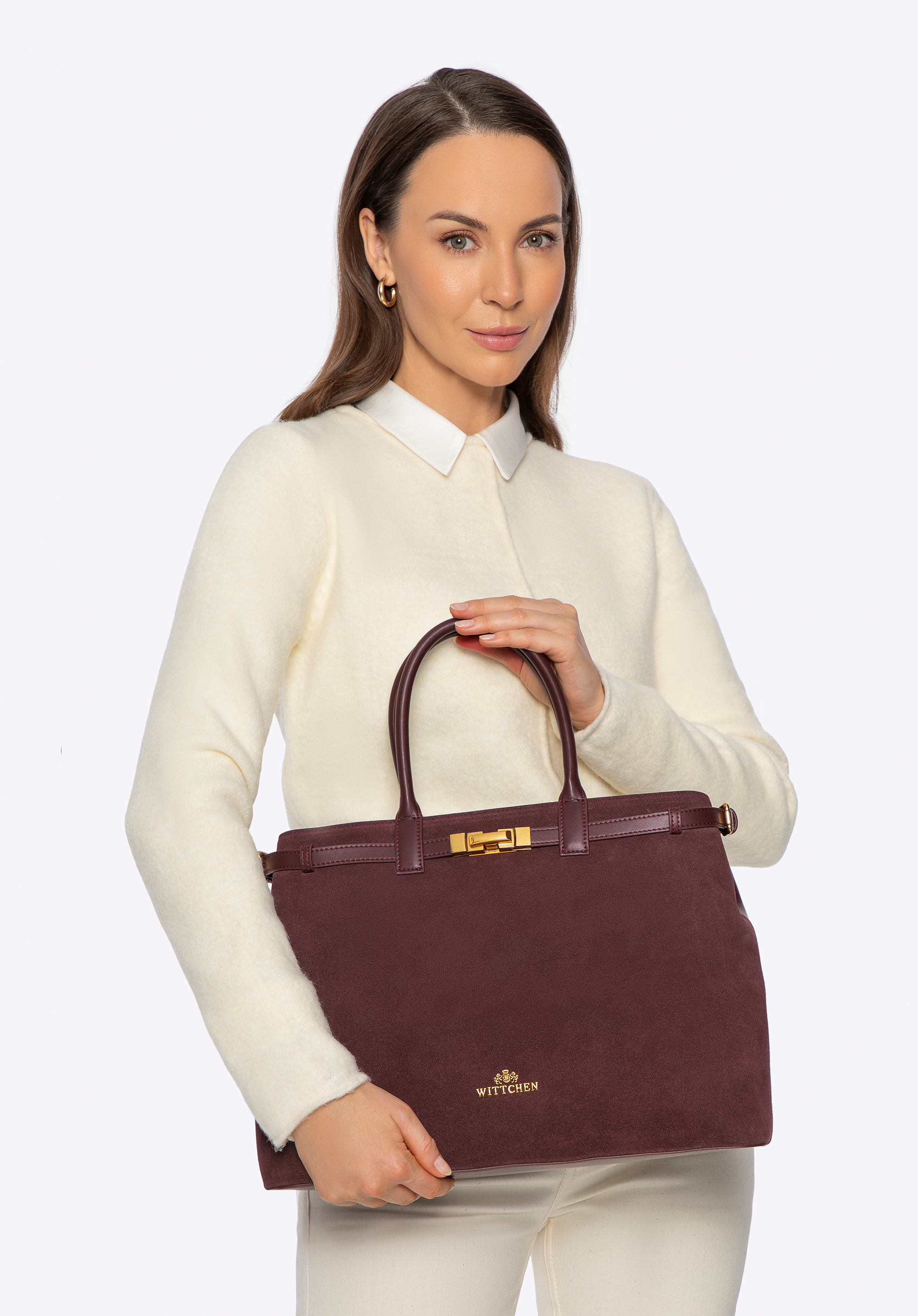 Tote Bag aus Leder und Wildleder, pflaumenlila, 101-4E-204-3, Bild 1